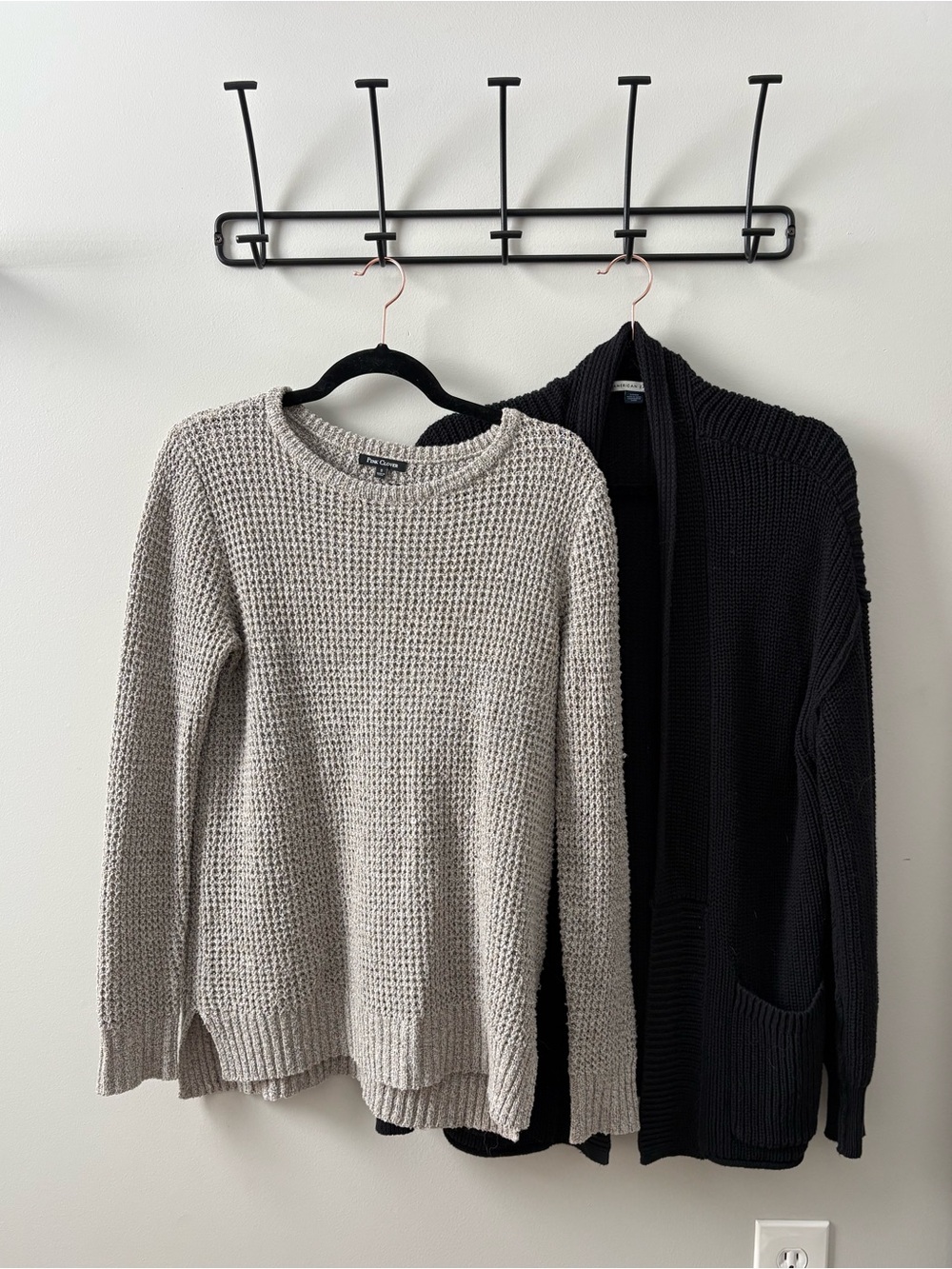 Neutral Sweater Set of Tan Waffle Knit Crewneck and Black Relaxed Cardigan